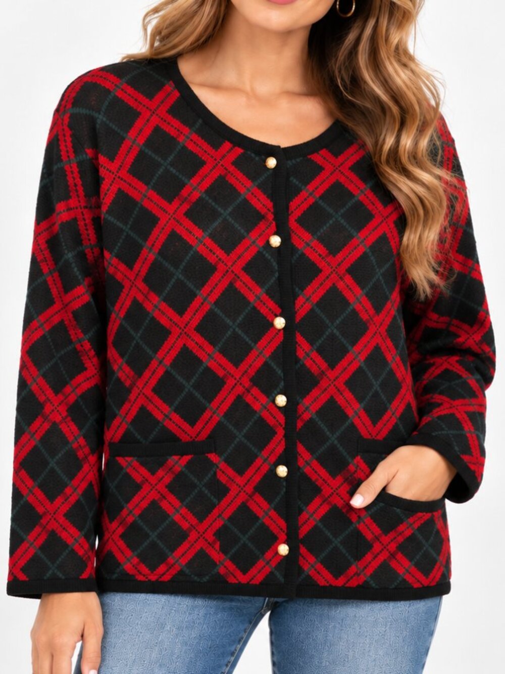 Vintage 90s Black Red & Green Argyle Plaid Cardigan Sweater Holiday Christmas 1X